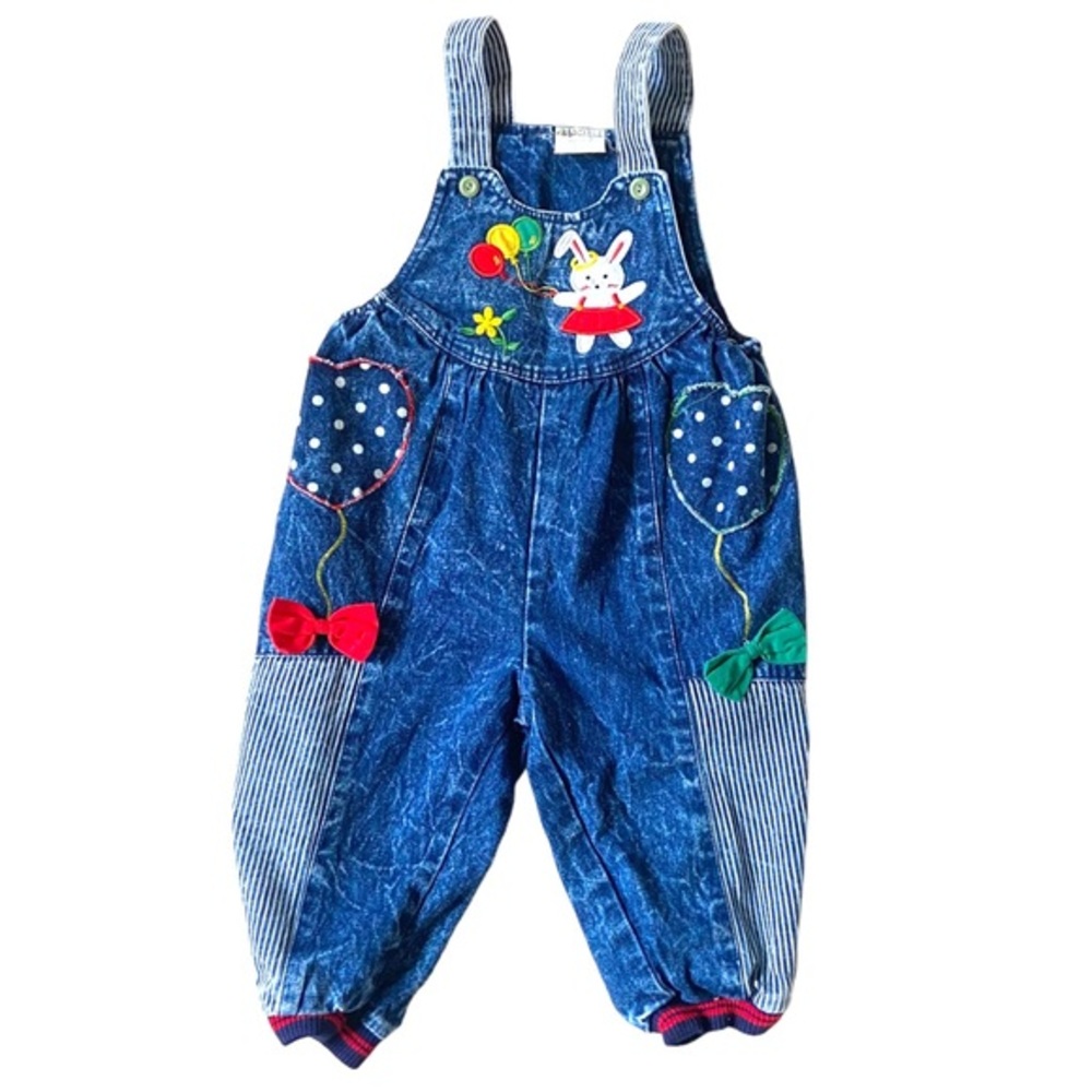 VINTAGE 80s 90s Overalls Pants Bunny Rabbit Applique Acid Wash Streetwear